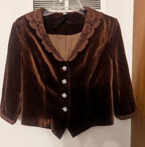 FuTario Vintage-style Caramel Velvet Fitted 3/4 Sleeve Top Pearl Buttons Nwt M